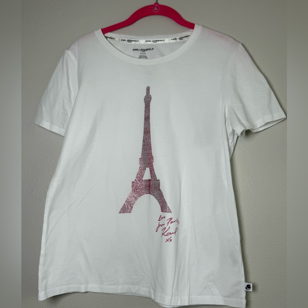 Karl Lagerfeld White Tee with Pink Gem Eiffel Motif